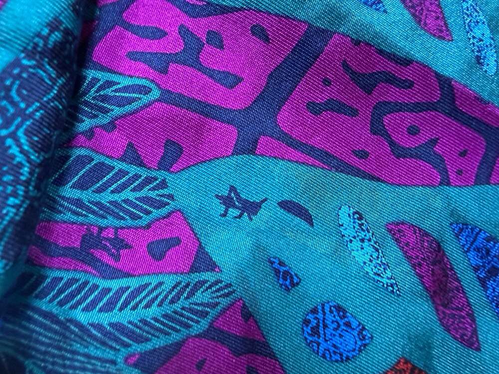Pineda Covalin Silk Scarf Tropical Leaf Blue Purple 33” Square Boho Cottagecore - Picture 7 of 9